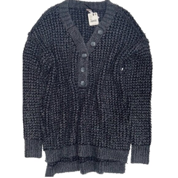 NWT Free People Whistle Thermal Button-Up Henley Sweater Comfy Black XS - Picture 2 of 13